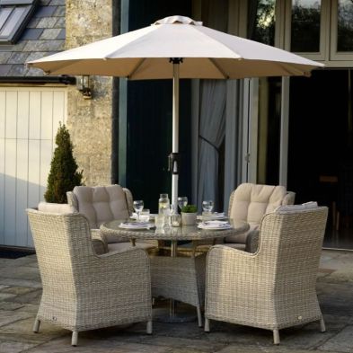 Chedworth 120cm Table with 4 Armchairs & Parasol in Sandstone